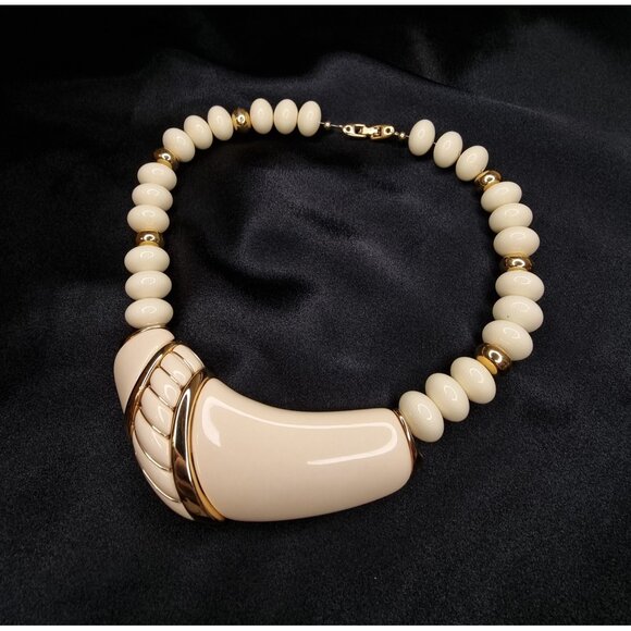 Vintage Napier 1980s Cream & Gold-Tone Beaded Necklace With Curved Pendant - Picture 1 of 4